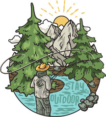 Outdoor wild camping print. Mountains adventure. Wanderlust summer forest explore