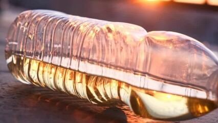 Sunflower oil in a plastic bottle against the sky, close-up - Powered by Adobe