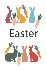 Hand drawn spring Easter card template: cute rabbits and carrot. Great for banners, flyer, invite, wallpaper, wrapping design. Flat vector illustration.