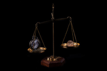 Conceptual plot on the theme "Time is Money" with golden scales, antique pocket watches and 1 american dollar coins on a black background
