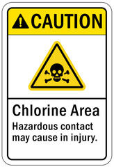 Chlorine chemical warning sign and labels chlorine area, hazardous contact may cause injury