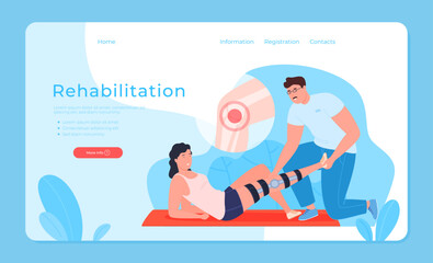 Obraz premium Post-traumatic rehabilitation of people. Doctors who treat patients after surgery. Vector illustration on a white background
