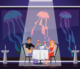 Couple have romantic dinner in restaurant with big aquarium and jellyfishes, flat vector illustration.