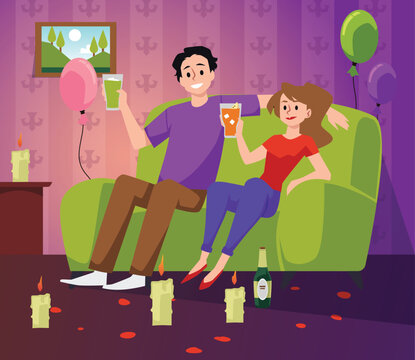 Romantic couple dating at home, vector illustration. Man and woman on date.