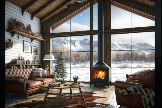 Mountain challet interior, living room with fireplace in winter, snowy landscape view out of windows. Generative AI