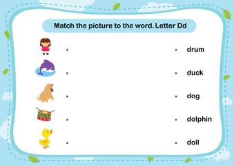 Match words with the correct pictures letter D illustration, vector