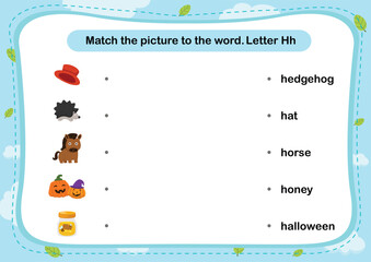 Match words with the correct pictures letter H illustration, vector