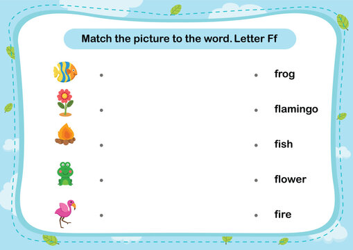 Match words with the correct pictures letter F illustration, vector