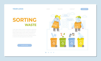 Obraz na płótnie Canvas Template landing page website about waste sorting. Concept of trash sorting and recycling, waste sorting. Modern vector illustration for the website.