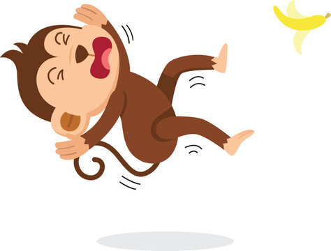 Watch your step. monkey slipping on a banana peel isolated illustration vector