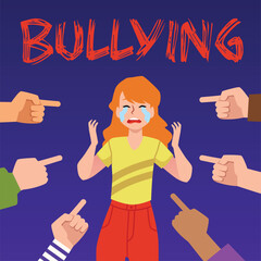 Bullying banner with crying woman and hands pointing at her, flat vector.