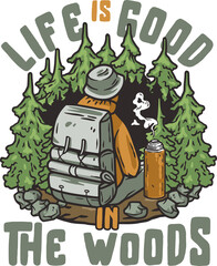 Camping nature print. Wild adventure outdoor sport with tent in the forest