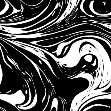 Abstract Black and White Hand Drawing Liquid Fluid Wavy Marble Seamless Pattern 