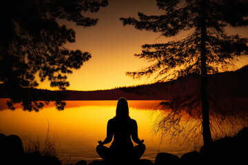 Yoga and meditation. Silhouette of women at forest lake beautiful orange sunset. generative ai illustration