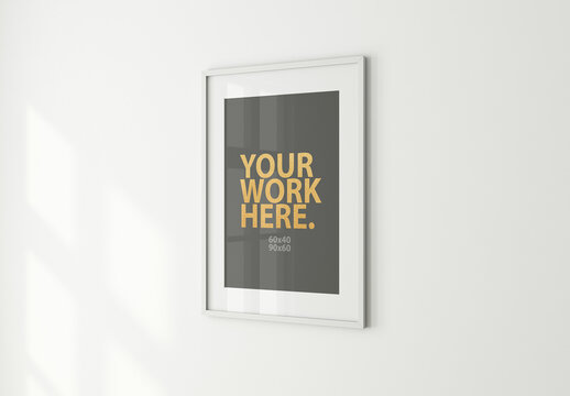 Poster Art white Frame Mockup with passepartout on white wall