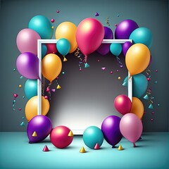 happy birthday with a frame and colorful balloons with generative ai technology