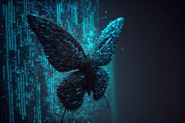 Learning 3D animation and programming. The concept of animator design and 3D modeling programming. Cyber Butterfly. Banner of online training. Generative AI - obrazy, fototapety, plakaty