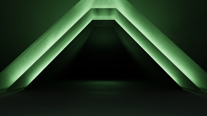 3d render. Abstract green neon background with triangular shape, laser rays lights background, glowing green lines