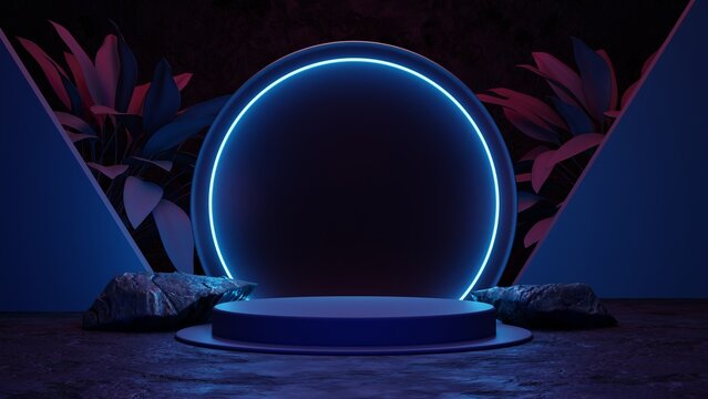 3d neon gaming background with podium for product presentation, futurism gaming empty room showroom glow technology glowing neon circle. Futurustic cyberpunk background game glow neons blue and pink.