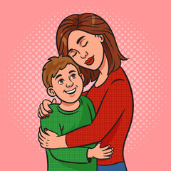 mother hugging her son pinup pop art retro raster illustration. Comic book style imitation.
