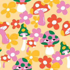 Groovy Vibes Retro Sticker Hand Drawn Psychedelic Mushroom Daisy Pattern