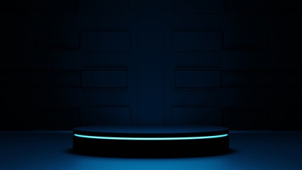 3d render background empty stand for product presentation, promotion, gaming, sci-fi emty background, pedestal, stand, podium, award, neon circle geometry background, futuristic product showroom, glow © Krzysztof