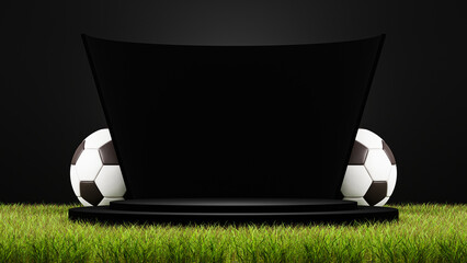 3d render background. football grass podium world cup platform pedestal award winner victory. product presentation victory stand. Football showroom empty spotlight soccer background. soccer balls © Krzysztof