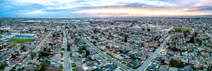 San leandro Bay Area. Sunset Drone Panorama.