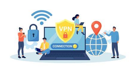 Virtual Private Network. People Using VPN Technology System to Protect his Personal Data in Smartphone, Computer. Secure Network Connection and Privacy Protection. Cyber Security, Traffic Encryption