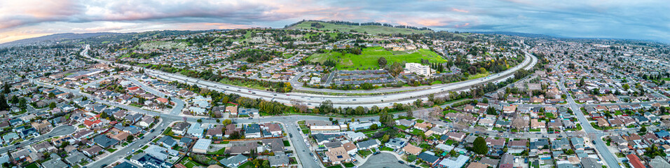 San leandro Bay Area. Sunset Drone Panorama. - obrazy, fototapety, plakaty