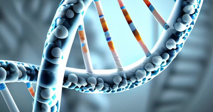 Blue and red particles dna helix glowing over dark blue background. Concept of genetics, science and medicine 4K