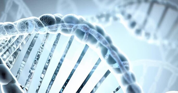 Blue particles dna helix glowing over dark blue background. Concept of genetics, science and medicine. Biotech