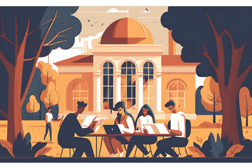 Flat vector illustration Young people studying on university campus  