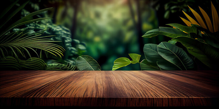 Empty wooden table top product display showcase stage with tropical lush jungle leaves background. Generative ai