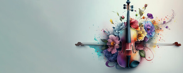 beautiful violin with rustic colourful flower in pastel background for music festival banner generative ai  - obrazy, fototapety, plakaty