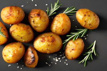 Baked potatoes with rosemary on a gray background. AI generative.