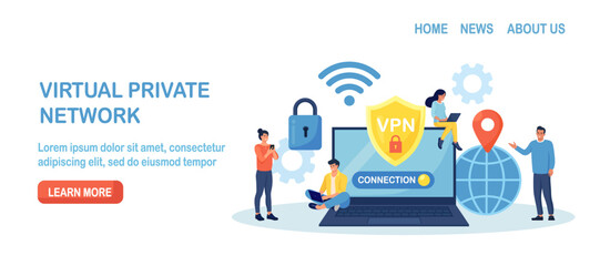 Virtual Private Network. People Using VPN Technology System to Protect his Personal Data in Smartphone, Computer. Secure Network Connection and Privacy Protection. Cyber Security, Traffic Encryption