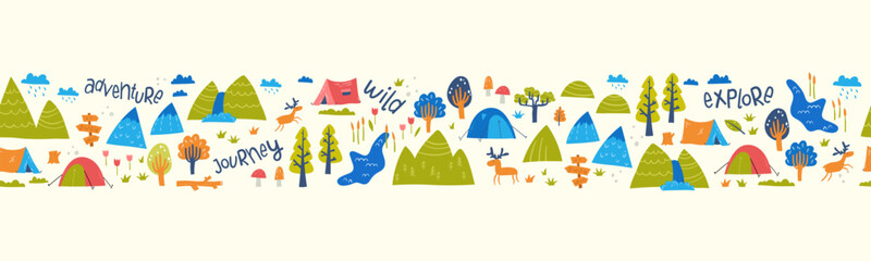 Cute hand drawn vector seamless pattern with camping doodles, tents, landscape and trails, great for textiles, banners, wallpapers