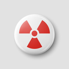 Vector 3d Realistic Round Red and White Warning, Danger Nuclear Symbol Isolated on White Background. Radioactive Warning Sign, Pin Badge, Button. Design Template. Front, Top View