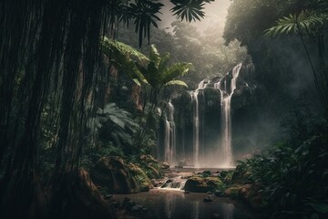 Waterfall in a tropical forest in the style of a painted picture. Generative AI.