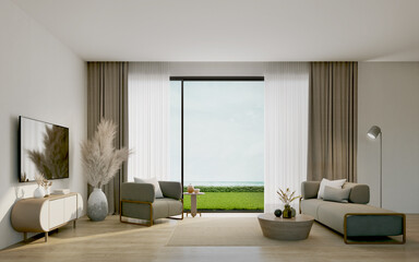 Living room with sea view.3d rendering