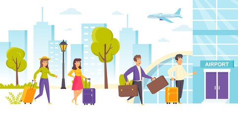 Happy men and women with suitcases walking towards airport terminal building. Funny tourists or travelers with baggage or luggage hurry for flight departure. Flat cartoon illustration.