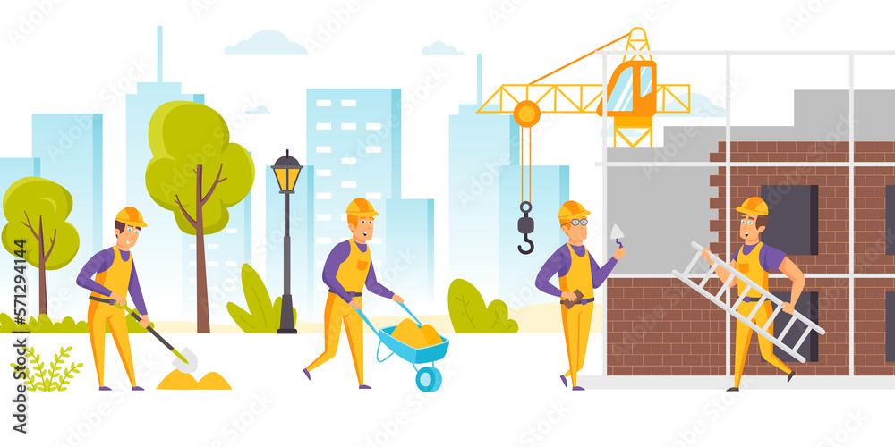 Aufkleber Group of builders in hard hats and uniform working on construction site. Workers using wheelbarrow, carrying ladder, digging, constructing building. City development. Flat cartoon illustration.