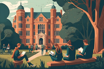 Flat vector illustration Young people studying on university campus  
