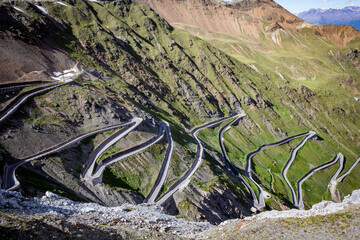 Serpentines in the mountains climbing to Passo Stelvio in the Italian Alps