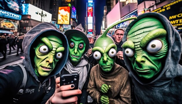 Alien Invasion. Area 51 Aliens Selfie In Times Square, NY - Group Of Extraterrestrial Beings Captured In Times Square Photo. Generative Ai Illustration