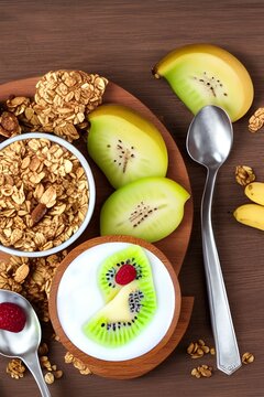 Healthy breakfast: yogurt parfait with granola, banana and kiwi on a wooden background - generative ai