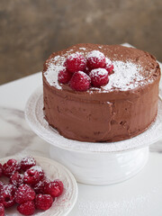 chocolate cake decorated with fresh raspberries and icing sugar