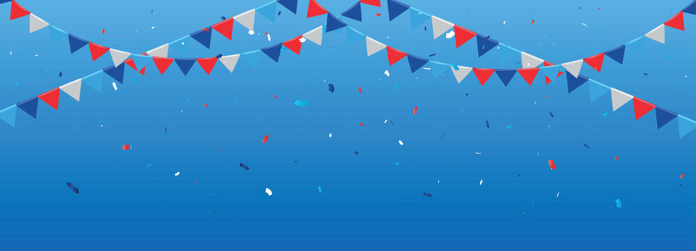 Party flags with confetti. Celebration banner event. Vector stock