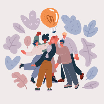 Vector illustration of group of people toghether are giving five. Light bulb. It 's a brainstorm, inspiration, idea business concept.